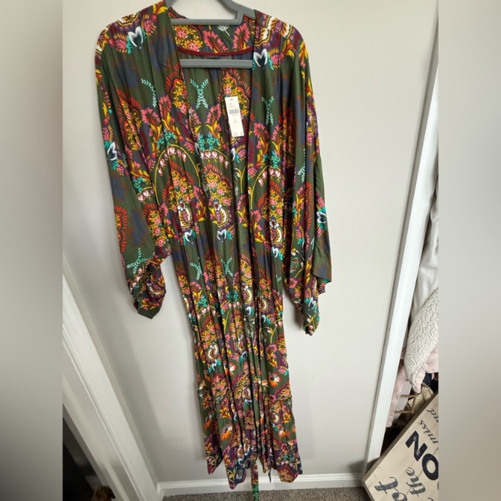 New Anthropologie Emmanuelle Boho Olive Green Paisley Belted Robe Cover Up S - Picture 4 of 7